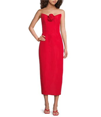 Damaris Bailey Delicias Rosette Corset Applique Flower Strapless Midi Dress