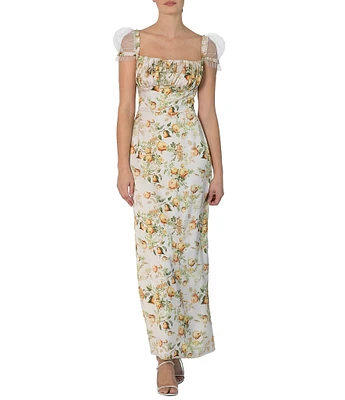 Damaris Bailey Eloise Floral Print Square Neck Mesh Cap Sleeve Dress