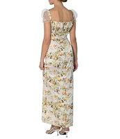 Damaris Bailey Eloise Floral Print Square Neck Mesh Cap Sleeve Dress