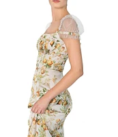 Damaris Bailey Eloise Floral Print Square Neck Mesh Cap Sleeve Dress