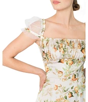 Damaris Bailey Eloise Floral Print Square Neck Mesh Cap Sleeve Dress