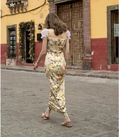 Damaris Bailey Eloise Floral Print Square Neck Mesh Cap Sleeve Dress