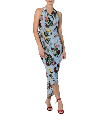 Damaris Bailey Helena Rose Print Halter Neck Sleeveless Sheath Wrap Dress