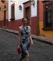 Damaris Bailey Helena Rose Print Halter Neck Sleeveless Sheath Wrap Dress