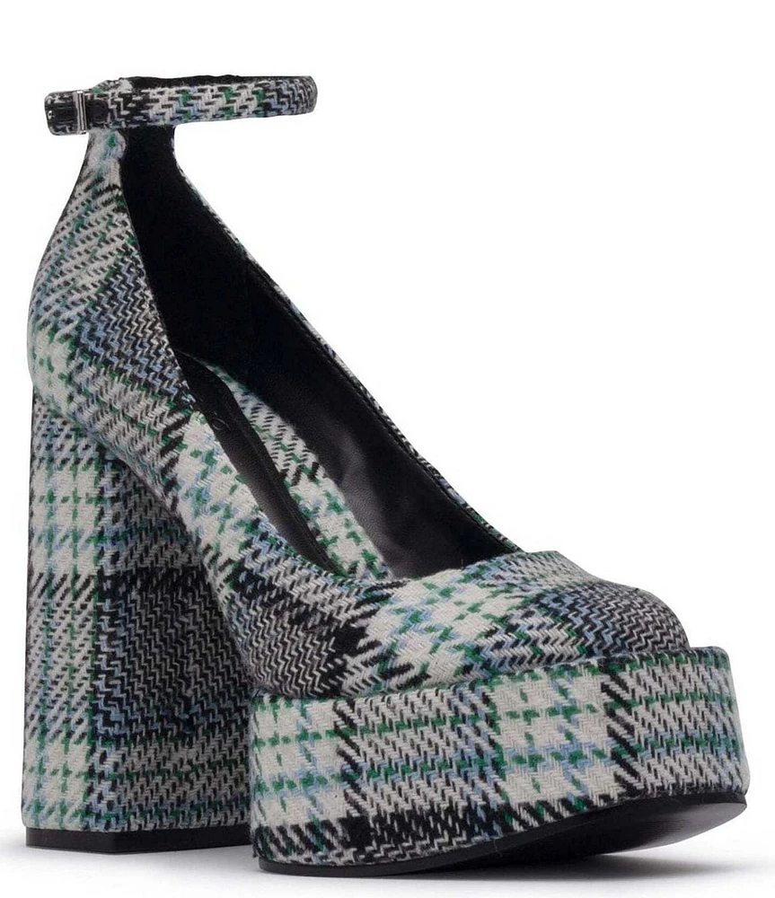 D'Amelio Footwear Rayva Plaid Ankle Strap Platform Block Heel Pumps