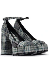 D'Amelio Footwear Rayva Plaid Ankle Strap Platform Block Heel Pumps