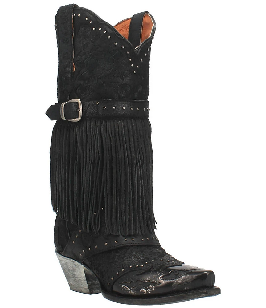 Dan Post Bed of Roses Embossed Leather Studded Fringe Western Boots