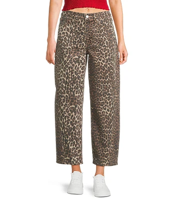 Daze Barrell Leg Mid Rise Leopard Print Denim Jeans