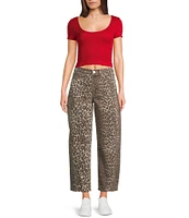 Daze Barrell Leg Mid Rise Leopard Print Denim Jeans