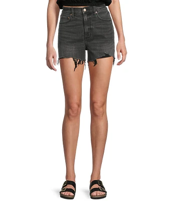 Daze The Knockout Distressed Frayed Hem High Rise Denim Shorts