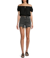 Daze The Knockout Distressed Frayed Hem High Rise Denim Shorts