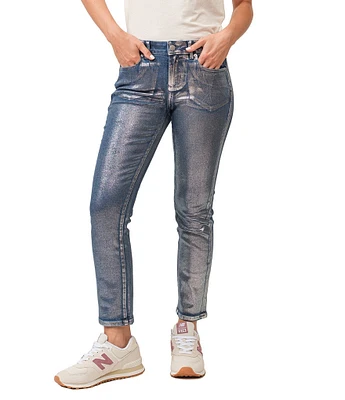 Dear John Blaire Silver Foiled Mid Rise Slim Straight Ankle Length Jeans