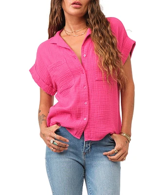 Dear John Cali Woven Notch Collar Short Sleeve Button Front Top