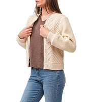 Dear John Erla Cable Knit Ribbed Crew Neck Sherpa Long Sleeve Zip-Up Sweater