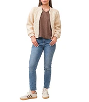 Dear John Erla Cable Knit Ribbed Crew Neck Sherpa Long Sleeve Zip-Up Sweater