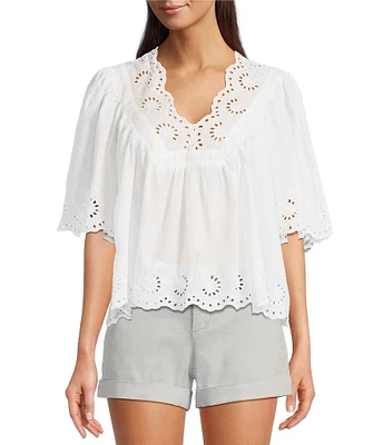 Dear John Lania Woven V-Neck 3/4 Sleeve Embroidered Scalloped Blouse