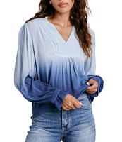 Dear John Peony Woven Ombre V-Neck Long Poet Sleeve Top