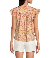 Dear John Rose Floral Print Split V-Neck Ruffle Cap Sleeve Top