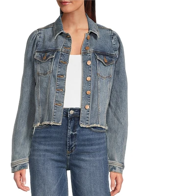 Dear John Roselyn Point Collar Puff Shoulder Long Sleeve Denim Jacket