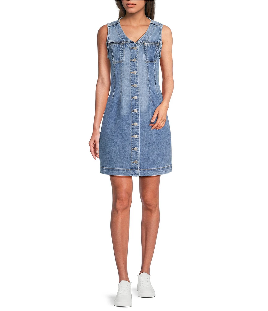 Dear John Sabrina Denim V-Neck Sleeveless Button Down Dress