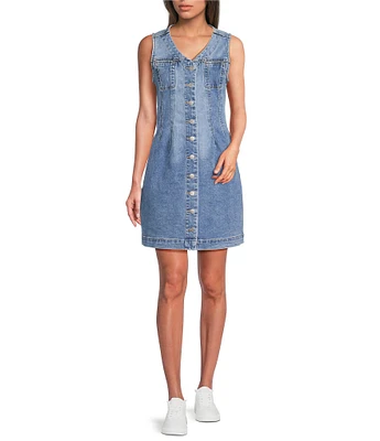 Dear John Sabrina Denim V-Neck Sleeveless Button Down Dress
