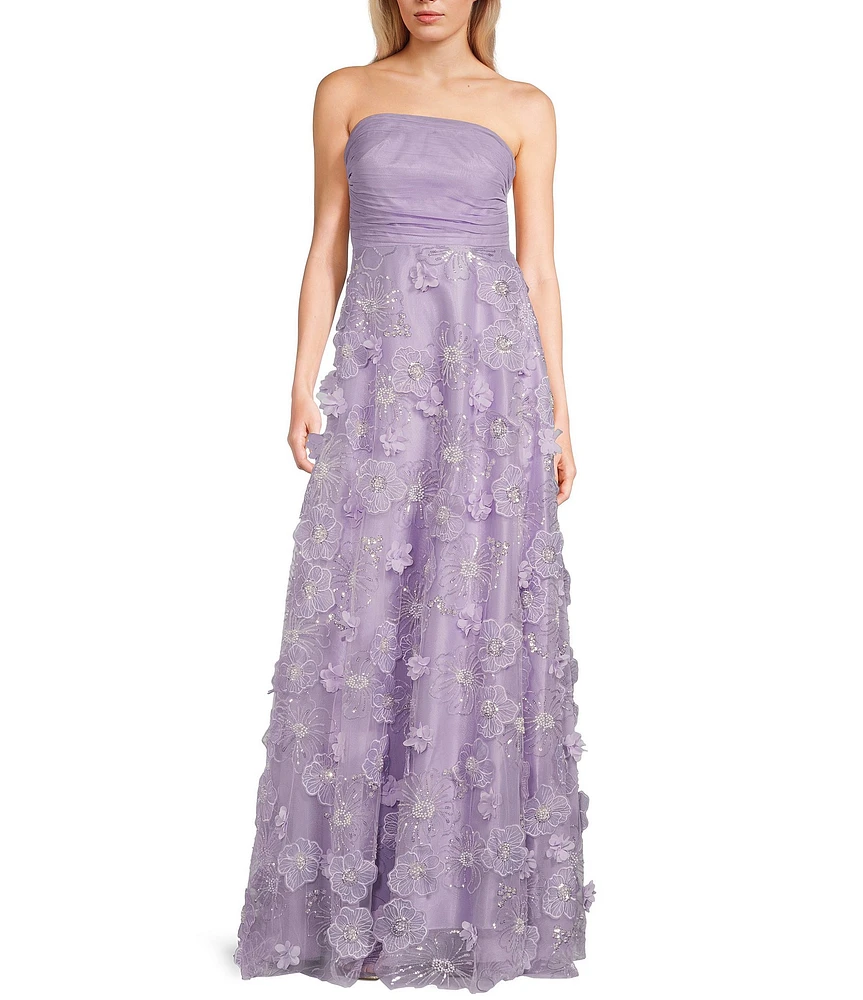 Dear Moon 3D Floral Strapless Ruched Bodice A-Line Ballgown