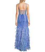 Dear Moon 3D Mesh Sequin Deep V-Neck Spaghetti Strap Lace Up Back Feathered Gown