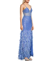 Dear Moon 3D Mesh Sequin Deep V-Neck Spaghetti Strap Lace Up Back Feathered Gown