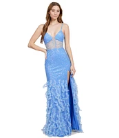 Dear Moon 3D Mesh Sequin Deep V-Neck Spaghetti Strap Lace Up Back Feathered Gown