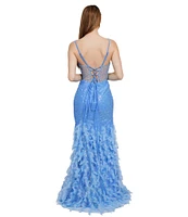 Dear Moon 3D Mesh Sequin Deep V-Neck Spaghetti Strap Lace Up Back Feathered Gown