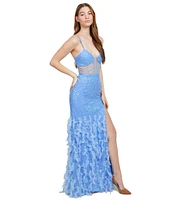 Dear Moon 3D Mesh Sequin Deep V-Neck Spaghetti Strap Lace Up Back Feathered Gown