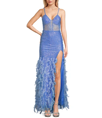 Dear Moon 3D Mesh Sequin Deep V-Neck Spaghetti Strap Lace Up Back Feathered Gown