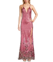 Dear Moon Border Floral Placement Sequin V-Neck Spaghetti Strap Side Slit Gown