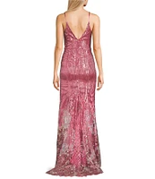 Dear Moon Border Floral Placement Sequin V-Neck Spaghetti Strap Side Slit Gown