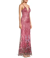 Dear Moon Border Floral Placement Sequin V-Neck Spaghetti Strap Side Slit Gown