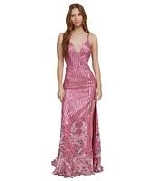 Dear Moon Border Floral Placement Sequin V-Neck Spaghetti Strap Side Slit Gown