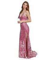 Dear Moon Border Floral Placement Sequin V-Neck Spaghetti Strap Side Slit Gown