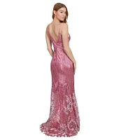 Dear Moon Border Floral Placement Sequin V-Neck Spaghetti Strap Side Slit Gown