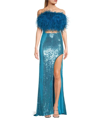 Dear Moon Faux Feather Strapless Sequin Embellished Long Two-Piece Dress