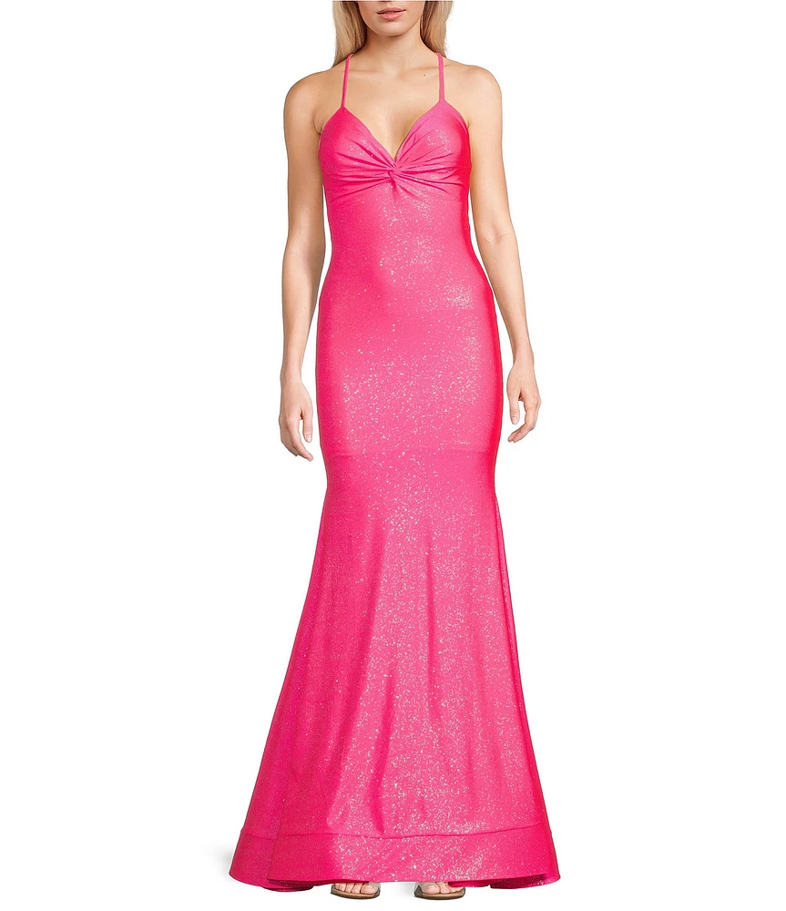 Dear Moon Glitter V-Neck Twist Front Spaghetti Strap Gown