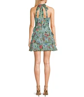 Dear Moon Halter Neck Floral Printed Mesh Ruffled Mini Dress