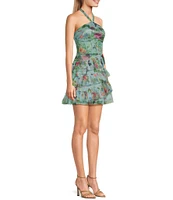 Dear Moon Halter Neck Floral Printed Mesh Ruffled Mini Dress