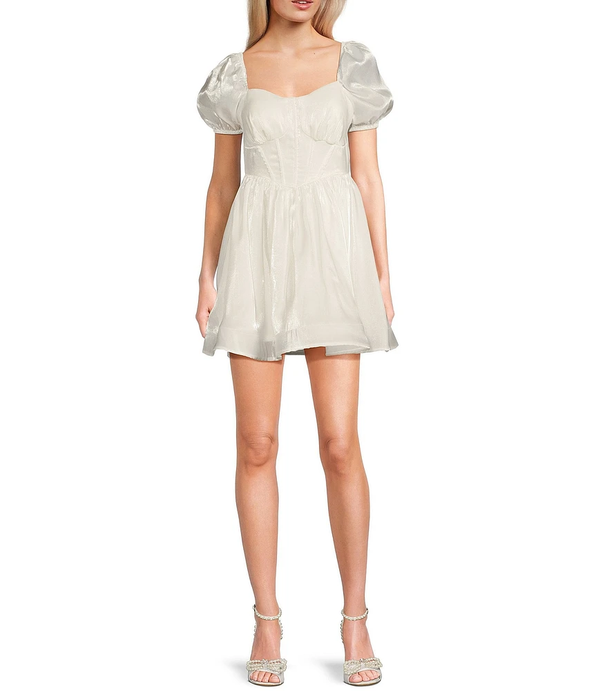 Dear Moon Iridescent Organza Sweetheart Neck Short Sleeve Corset Mini Dress