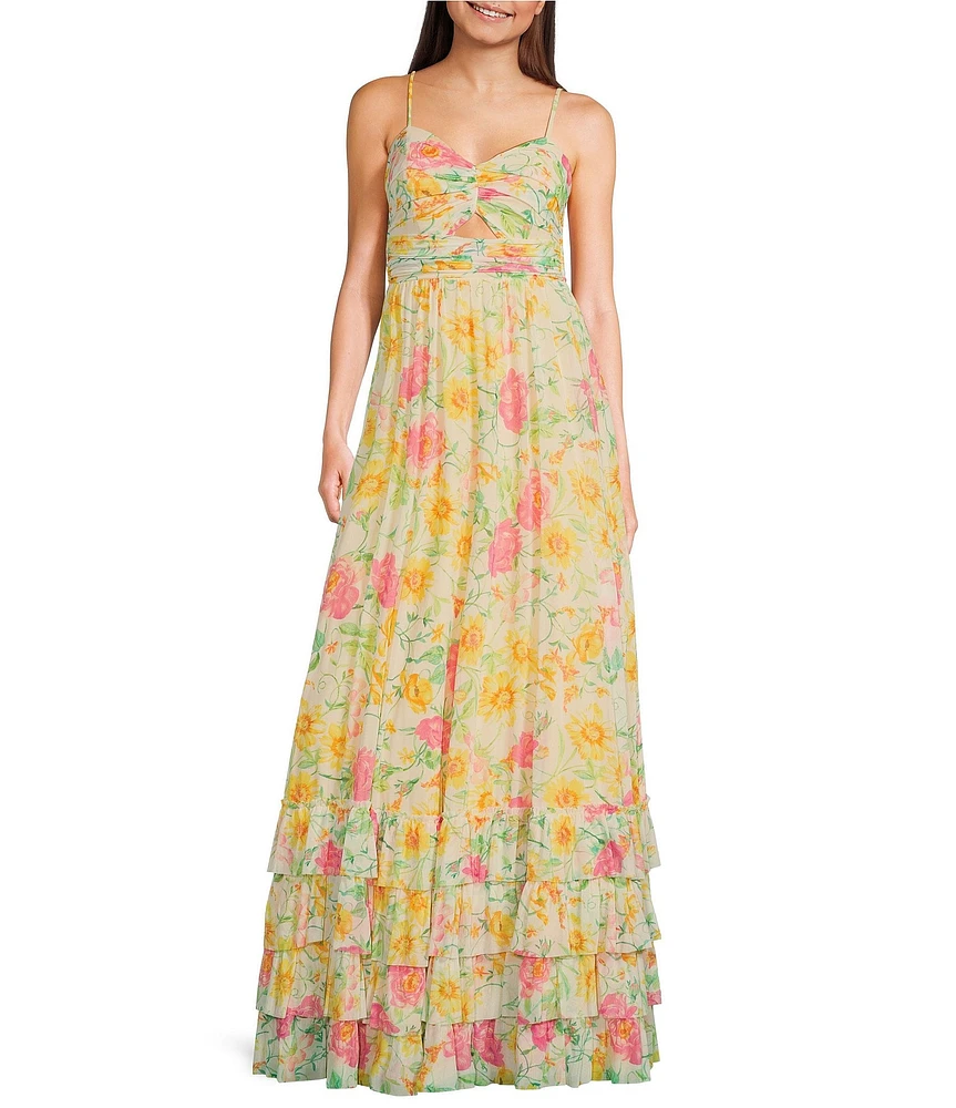 Dear Moon Mesh Floral Print Sweetheart Neck Spaghetti Strap Key Hole Ruched Tiered Ruffle Hem Dress