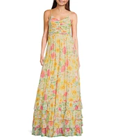 Dear Moon Mesh Floral Print Sweetheart Neck Spaghetti Strap Key Hole Ruched Tiered Ruffle Hem Dress
