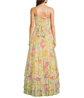 Dear Moon Mesh Floral Print Sweetheart Neck Spaghetti Strap Key Hole Ruched Tiered Ruffle Hem Dress