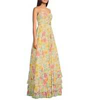 Dear Moon Mesh Floral Print Sweetheart Neck Spaghetti Strap Key Hole Ruched Tiered Ruffle Hem Dress
