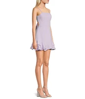 Dear Moon Scuba Spaghetti Strap Square Neck Tie Back Double Ruffle Dress