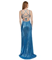 Dear Moon Sequin Butterfly Applique V-Neck Lace Up Back Cutout Gown