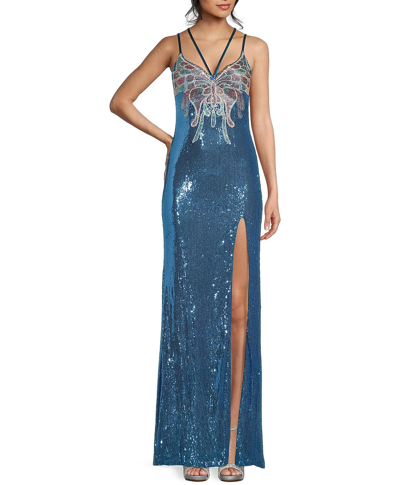 Dear Moon Sequin Butterfly Applique V-Neck Lace Up Back Cutout Gown